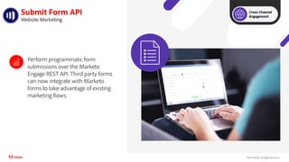 ©2021 Adobe. All Rights Reserved..
Perform programmatic form
submissions over the Marketo
Engage REST API. Third party forms
can now integrate with Marketo
forms to take advantage of existing
marketing flows.
Submit Form API
Website Marketing
Cross-Channel
Engagement
 