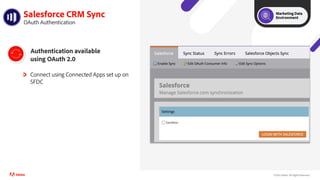 ©2021 Adobe. All Rights Reserved.
Salesforce CRM Sync
OAuth Authentication
Authentication available
using OAuth 2.0
Connect using Connected Apps set up on
SFDC
Marketing Data
Environment
 