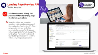 ©2021 Adobe. All Rights Reserved.
Landing Page Preview API
Enable end-to-end editing and
preview of Marketo landing pages
in external applications
Streamline editing and translation
workflows in integrated applications with
the new Landing Page Preview API. Third-
party vendors can now render fully
personalized previews of landing pages
without logging into Marketo Engage. The
Landing Page Preview API enables end-
to-end editing and localization workflows
in third-party integrated applications.
Website Marketing
Cross-Channel
Engagement
 
