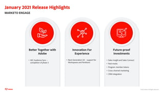 ©2021 Adobe. All Rights Reserved.
January 2021 Release Highlights
MARKETO ENGAGE
Better Together with
Adobe
• AEC Audience Sync –
completion of phase 3
Future-proof
Investments
• Sales Insight and Sales Connect
• Paid media
• Program member tokens
• Cross-channel marketing
• CRM Integration
Innovation For
Experience
• Next-Generation UX - support for
Workspaces and Partitions
©2021 Adobe. All Rights Reserved.
 
