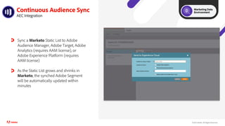 ©2021 Adobe. All Rights Reserved..
Continuous Audience Sync
AEC Integration
Sync a Marketo Static List to Adobe
Audience Manager, Adobe Target, Adobe
Analytics (requires AAM license), or
Adobe Experience Platform (requires
AAM license)
As the Static List grows and shrinks in
Marketo, the synched Adobe Segment
will be automatically updated within
minutes
Marketing Data
Environment
 