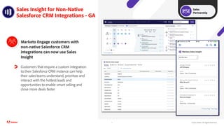 ©2021 Adobe. All Rights Reserved.
Sales Insight for Non-Native
Salesforce CRM Integrations - GA
5
Marketo Engage customers with
non-native Salesforce CRM
integrations can now use Sales
Insight
Customers that require a custom integration
to their Salesforce CRM instance can help
their sales teams understand, prioritize and
interact with the hottest leads and
opportunities to enable smart selling and
close more deals faster
Sales
Partnership
 