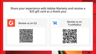 Share your experience with Adobe Marketo and receive a
$25 gift card as a thank you!
Review us on G2
Review us on
TrustRadius
© 2025 Adobe. All Rights Reserved. Adobe Confidential.
 