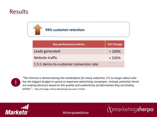 Results

                       94% customer retention


                             Key performance metrics                     YoY Change

              Leads generated                                             + 190%
              Website traffic                                             + 335%
              1.5:1 demo-to-customer conversion rate


     "The Internet is democratizing the marketplace for many industries. It’s no longer about who
 !   has the biggest budget to spend on expensive advertising campaigns. Instead, potential clients
     are making decisions based on the quality and authenticity of information they are finding
     online.” – Ailsa Partridge, Online Marketing Executive, Firefish




                                     #sherpawebinar
 