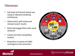 Takeaways

• Get leads to find and choose you
  using an inbound marketing
  architecture

• Attract them with timely and
  relevant search results

• Build and engage them with social
  networks

• Create and share compelling
  content

• Bring them to points of traffic
  convergence and conversion



                              #sherpawebinar
 