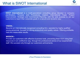 What is SWOT International SWOT International   is a multi-specialized consulting group devoted to company planification, Process and Procedures implant, International Trade Project Improvement, Strategic and Commercial Planning, with the sole purpose to aid our customers to reach thier corporate goals in a secure and dynamic way. « Your  Process to Success» VISION.- Become an internationally recognized consulting firm, operated by highly qualified young personnel, focused on strong productivity and quality values. Offering profitable, real and measurable results. MISSION.- Provide our customers with effective business tools, preventing them from using their resources in an uneffective way, through the professional advice of our experienced staff. We succeed only through our customers achivements. 