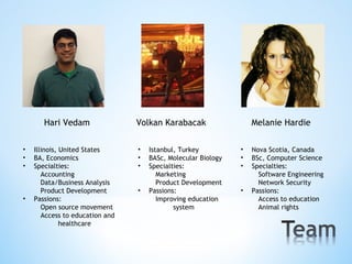Hari Vedam                Volkan Karabacak                  Melanie Hardie

•   Illinois, United States      •   Istanbul, Turkey          •   Nova Scotia, Canada
•   BA, Economics                •   BASc, Molecular Biology   •   BSc, Computer Science
•   Specialties:                 •   Specialties:              •   Specialties:
       Accounting                       Marketing                    Software Engineering
       Data/Business Analysis           Product Development          Network Security
       Product Development       •   Passions:                 •   Passions:
•   Passions:                           Improving education          Access to education
       Open source movement                  system                  Animal rights
       Access to education and
              healthcare
 