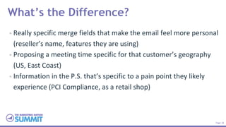 Page 18
What’s the Difference?
• Really specific merge fields that make the email feel more personal
(reseller’s name, fea...