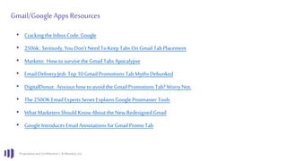 Proprietary and Confidential | © Marketo, Inc.
Gmail/Google Apps Resources
• Cracking the Inbox Code: Google
• 250ok: Seriously, You Don’t Need To KeepTabs On Gmail Tab Placement
• Marketo: Howto survive the Gmail Tabs Apocalypse
• Email Delivery Jedi: Top 10 Gmail Promotions Tab Myths Debunked
• DigitalDonut: Anxious how to avoid the Gmail Promotions Tab? WorryNot.
• The250OK Email Experts Series Explains Google Postmaster Tools
• What Marketers Should KnowAbout the NewRedesigned Gmail
• Google Introduces Email Annotations for Gmail Promo Tab
 