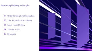 Improving Delivery to Google
01
02
03
04
05
Understanding Gmail Reputation
Tabs: Promotional vs. Primary
Spam Folder Delivery
Tips and Tricks
Resources
 