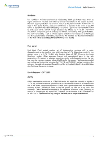 Market Outlook | India Research



                 Hindalco

                 For 1QFY2011, Hindalco’s net revenue increased by 32.9% yoy to Rs5,146cr, driven by
                 higher aluminium volumes and better by-product realisations in the copper business.
                 However, copper production was lower on account of the planned smelter shutdown for 24
                 days in April 2010. Further, production at Hirakud is expected to be lower by 20,000
                 tonnes as operations have been affected by heavy rains. Operations are expected to restart
                 by end-August 2010. EBITDA margin decreased by 340bp yoy to 16.2% (1QFY2010
                 included an exceptional gain of Rs150cr) and EBITDA increased by 9.9% yoy to Rs832cr.
                 Net profit increased by 11.2% as interest expense and other income declined by 13.0% yoy
                 and 8.5% yoy to Rs59cr and Rs69cr, respectively. We maintain our Buy recommendation
                 on the stock with a revised Target Price of Rs204 (earlier Rs208).



                 Punj Lloyd

                 Punj Lloyd (Punj) posted another set of disappointing numbers with a major
                 disappointment on the top-line front, which declined 41.7%. Operating margin for the
                 quarter came in at 7.7% (10.3%), after booking losses of GBP 2.5mn on the Ensus
                 Bioethonal project. Other expenses (interest and depreciation) were in line with
                 expectations. On account of subdued operating margins and disappointment on the top-
                 line front, the company reported a loss of Rs30.4cr for the quarter. We have downgraded
                 our top-line and bottom-line estimates for FY2011E and FY2012E, and we maintain a Buy
                 rating on the stock with a revised Target Price of Rs156 (implied P/BV of 1.5x and EV/Sales
                 of 0.7x – huge discount to its peers).


                 Result Preview-1QFY2011

                 GIPCL

                 GIPCL is expected to announce its 1QFY2011 results. We expect the company to register a
                 22.0% yoy increase in revenue, primarily due to a substantial increase in its sales volume
                 due to the recent commissioning of the 250MW Surat Lignite Power Plant. We expect the
                 company to sell 1,312MU of power during the quarter, up 16% on a yoy basis. The
                 company's OPM is expected to expand by an impressive 315bp to 26.8%, primarily on
                 account of cheaper gas. We expect GIPCL's bottom line to increase by 40.5% to Rs41.3cr
                 in 1QFY2011E. We maintain a Buy rating on the stock with a Target Price of Rs135.




August 4, 2010                                                                                            3
 