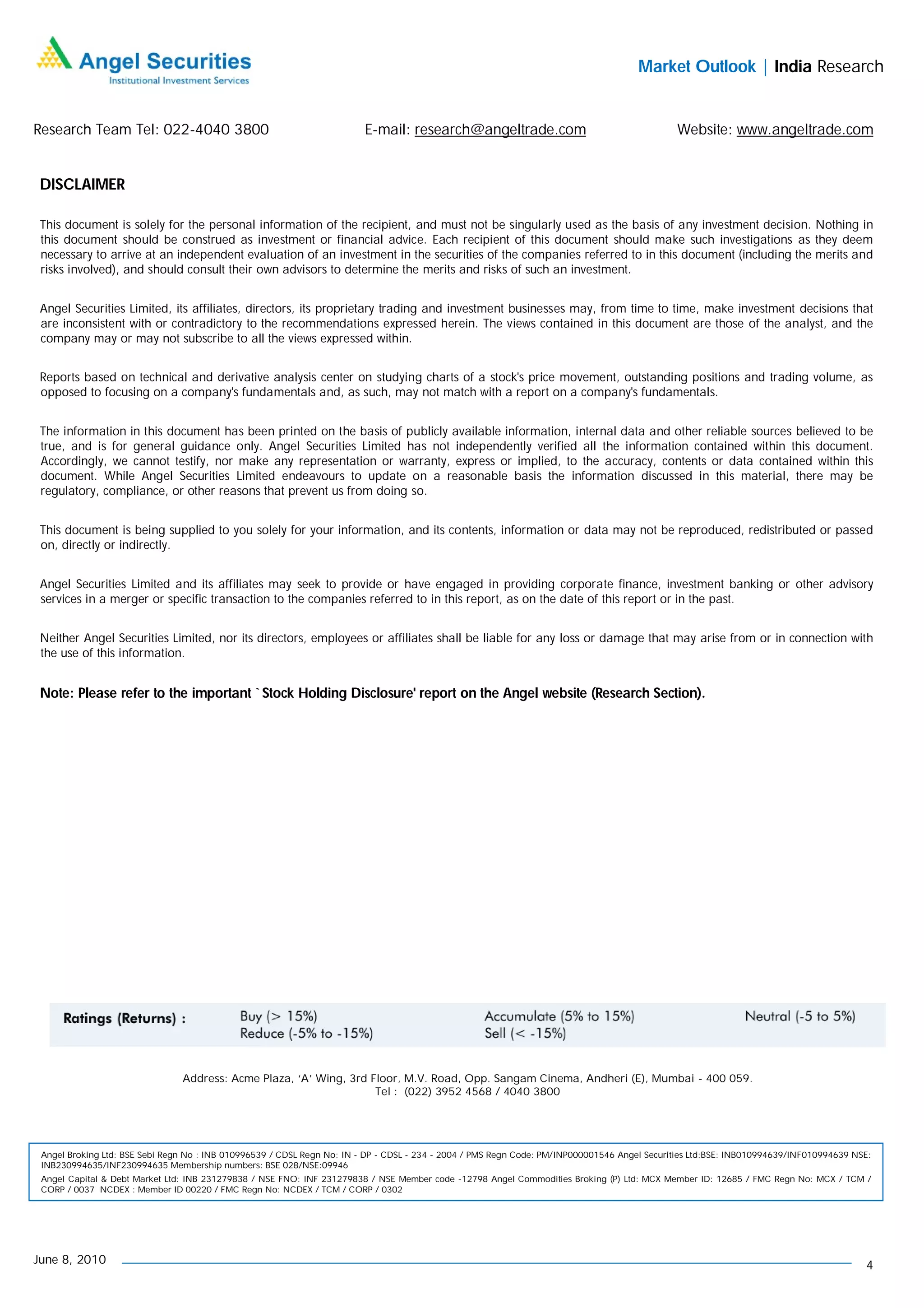 Market Outlook | India Research


Research Team Tel: 022-4040 3800                                         E-mail: research@angeltrade.com                                      Website: www.angeltrade.com


 DISCLAIMER

 This document is solely for the personal information of the recipient, and must not be singularly used as the basis of any investment decision. Nothing in
 this document should be construed as investment or financial advice. Each recipient of this document should make such investigations as they deem
 necessary to arrive at an independent evaluation of an investment in the securities of the companies referred to in this document (including the merits and
 risks involved), and should consult their own advisors to determine the merits and risks of such an investment.


 Angel Securities Limited, its affiliates, directors, its proprietary trading and investment businesses may, from time to time, make investment decisions that
 are inconsistent with or contradictory to the recommendations expressed herein. The views contained in this document are those of the analyst, and the
 company may or may not subscribe to all the views expressed within.


 Reports based on technical and derivative analysis center on studying charts of a stock's price movement, outstanding positions and trading volume, as
 opposed to focusing on a company's fundamentals and, as such, may not match with a report on a company's fundamentals.


 The information in this document has been printed on the basis of publicly available information, internal data and other reliable sources believed to be
 true, and is for general guidance only. Angel Securities Limited has not independently verified all the information contained within this document.
 Accordingly, we cannot testify, nor make any representation or warranty, express or implied, to the accuracy, contents or data contained within this
 document. While Angel Securities Limited endeavours to update on a reasonable basis the information discussed in this material, there may be
 regulatory, compliance, or other reasons that prevent us from doing so.


 This document is being supplied to you solely for your information, and its contents, information or data may not be reproduced, redistributed or passed
 on, directly or indirectly.


 Angel Securities Limited and its affiliates may seek to provide or have engaged in providing corporate finance, investment banking or other advisory
 services in a merger or specific transaction to the companies referred to in this report, as on the date of this report or in the past.


 Neither Angel Securities Limited, nor its directors, employees or affiliates shall be liable for any loss or damage that may arise from or in connection with
 the use of this information.


 Note: Please refer to the important `Stock Holding Disclosure' report on the Angel website (Research Section).




                                Address: Acme Plaza, ‘A’ Wing, 3rd Floor, M.V. Road, Opp. Sangam Cinema, Andheri (E), Mumbai - 400 059.
                                                                    Tel : (022) 3952 4568 / 4040 3800




 Angel Broking Ltd: BSE Sebi Regn No : INB 010996539 / CDSL Regn No: IN - DP - CDSL - 234 - 2004 / PMS Regn Code: PM/INP000001546 Angel Securities Ltd:BSE: INB010994639/INF010994639 NSE:
 INB230994635/INF230994635 Membership numbers: BSE 028/NSE:09946
 Angel Capital & Debt Market Ltd: INB 231279838 / NSE FNO: INF 231279838 / NSE Member code -12798 Angel Commodities Broking (P) Ltd: MCX Member ID: 12685 / FMC Regn No: MCX / TCM /
 CORP / 0037 NCDEX : Member ID 00220 / FMC Regn No: NCDEX / TCM / CORP / 0302




June 8, 2010                                                                                                                                                                            4
 