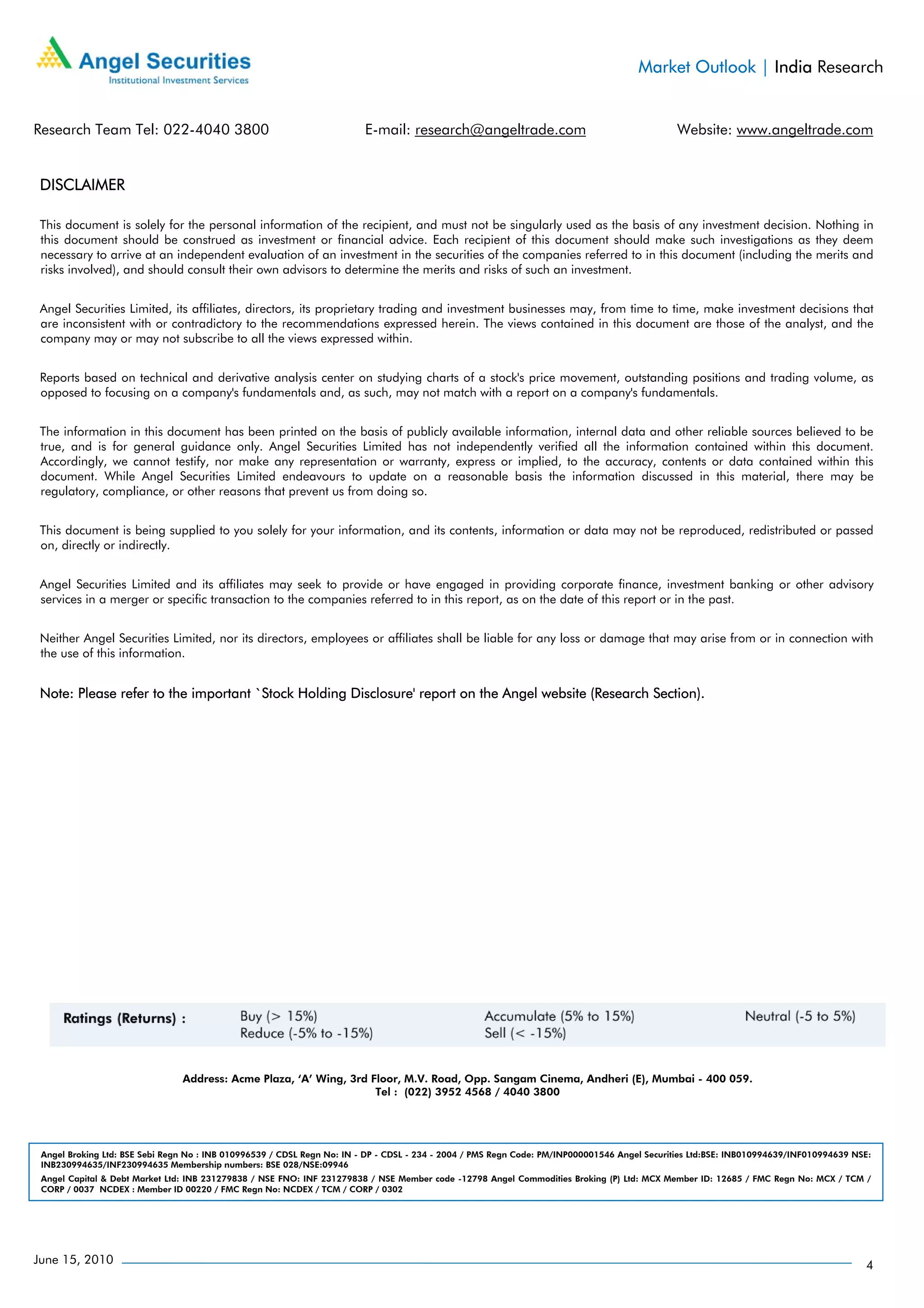 Market Outlook | India Research


Research Team Tel: 022-4040 3800                                         E-mail: research@angeltrade.com                                      Website: www.angeltrade.com


 DISCLAIMER

 This document is solely for the personal information of the recipient, and must not be singularly used as the basis of any investment decision. Nothing in
 this document should be construed as investment or financial advice. Each recipient of this document should make such investigations as they deem
 necessary to arrive at an independent evaluation of an investment in the securities of the companies referred to in this document (including the merits and
 risks involved), and should consult their own advisors to determine the merits and risks of such an investment.


 Angel Securities Limited, its affiliates, directors, its proprietary trading and investment businesses may, from time to time, make investment decisions that
 are inconsistent with or contradictory to the recommendations expressed herein. The views contained in this document are those of the analyst, and the
 company may or may not subscribe to all the views expressed within.


 Reports based on technical and derivative analysis center on studying charts of a stock's price movement, outstanding positions and trading volume, as
 opposed to focusing on a company's fundamentals and, as such, may not match with a report on a company's fundamentals.


 The information in this document has been printed on the basis of publicly available information, internal data and other reliable sources believed to be
 true, and is for general guidance only. Angel Securities Limited has not independently verified all the information contained within this document.
 Accordingly, we cannot testify, nor make any representation or warranty, express or implied, to the accuracy, contents or data contained within this
 document. While Angel Securities Limited endeavours to update on a reasonable basis the information discussed in this material, there may be
 regulatory, compliance, or other reasons that prevent us from doing so.


 This document is being supplied to you solely for your information, and its contents, information or data may not be reproduced, redistributed or passed
 on, directly or indirectly.


 Angel Securities Limited and its affiliates may seek to provide or have engaged in providing corporate finance, investment banking or other advisory
 services in a merger or specific transaction to the companies referred to in this report, as on the date of this report or in the past.


 Neither Angel Securities Limited, nor its directors, employees or affiliates shall be liable for any loss or damage that may arise from or in connection with
 the use of this information.


 Note: Please refer to the important `Stock Holding Disclosure' report on the Angel website (Research Section).




                                Address: Acme Plaza, ‘A’ Wing, 3rd Floor, M.V. Road, Opp. Sangam Cinema, Andheri (E), Mumbai - 400 059.
                                                                    Tel : (022) 3952 4568 / 4040 3800




 Angel Broking Ltd: BSE Sebi Regn No : INB 010996539 / CDSL Regn No: IN - DP - CDSL - 234 - 2004 / PMS Regn Code: PM/INP000001546 Angel Securities Ltd:BSE: INB010994639/INF010994639 NSE:
 INB230994635/INF230994635 Membership numbers: BSE 028/NSE:09946
 Angel Capital & Debt Market Ltd: INB 231279838 / NSE FNO: INF 231279838 / NSE Member code -12798 Angel Commodities Broking (P) Ltd: MCX Member ID: 12685 / FMC Regn No: MCX / TCM /
 CORP / 0037 NCDEX : Member ID 00220 / FMC Regn No: NCDEX / TCM / CORP / 0302




June 15, 2010                                                                                                                                                                           4
 