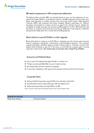 Market Outlook | India Research


                               RBI seeks transparency in NPA compromise settlements

                               The Reserve Bank of India (RBI) has directed banks to carry out the settlement of non-
                               performing assets (NPAs) in a transparent manner. The RBI expressed concerns that some
                               banks were agreeing to smaller amounts than what they could recover. Debt Recovery
                               Tribunals (DRTs) also observed that banks adopted different parameters for different
                               borrowers and agreed to a lesser amount as against the claimed amount, despite the
                               availability of ample securities and by ignoring RBI guidelines. Further, RBI told banks that
                               the officer or authority sanctioning the compromise settlements must append a certificate
                               stating that the settlements are in conformity with RBI guidelines.



                               Bharti Airtel to invest US $100mn in Zain Uganda

                               Bharti Airtel plans to invest up to US $100mn in Uganda over the next two years towards
                               network expansion, distribution, infrastructure and broadband extension. The company
                               recently concluded a US $9bn takeover of Zain’s Africa assets in 15 African countries. We
                               believe these initiatives to pay off in the long run and help the company gain a strong
                               subscriber market share. We maintain Buy on the stock with a Target Price of Rs360.




                                Economic and Political News

                                Yuan rises to the highest level against dollar in modern era
                                IT Dept may demand Rs8,500cr tax over transfer pricing
                                Karnataka clears 69 new investment proposals
                                To promote multiplexes in HP, government exempts entertainment tax for five years



                                Corporate News

                                National Textile Corporation eyes Rs750cr from Mumbai mill sell-off
                                Saudi Binladin Group makes 20% open offer for Maytas Infra
                                Jyothy Labs board okays raising Rs300cr via QIP
                             Source: Economic Times, Business Standard, Business Line, Financial Express, Mint




       Events for the day
       Steel Strips Wheels                    Dividend, Results




June 22, 2010                                                                                                                    2
 