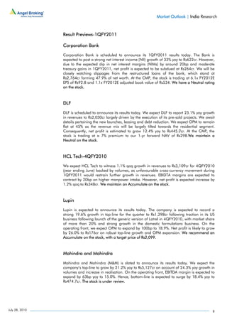 Market Outlook | India Research



                Result Previews-1QFY2011

                Corporation Bank

                Corporation Bank is scheduled to announce its 1QFY2011 results today. The Bank is
                expected to post a strong net interest income (NII) growth of 33% yoy to Rs622cr. However,
                due to the expected dip in net interest margins (NIMs) by around 20bp and moderate
                treasury gains in 1QFY2011, net profit is expected to be subdued at Rs264cr. We will be
                closely watching slippages from the restructured loans of the bank, which stand at
                Rs2,764cr forming 47.9% of net worth. At the CMP, the stock is trading at 6.1x FY2012E
                EPS of Rs92.8 and 1.1x FY2012E adjusted book value of Rs534. We have a Neutral rating
                on the stock.



                DLF

                DLF is scheduled to announce its results today. We expect DLF to report 23.1% yoy growth
                in revenues to Rs2,030cr largely driven by the execution of its pre-sold projects. We await
                details pertaining the new launches, leasing and debt reduction. We expect OPM to remain
                flat at 45% as the revenue mix will be largely tilted towards the residential segment.
                Consequently, net profit is estimated to grow 12.4% yoy to Rs445.2cr. At the CMP, the
                stock is trading at a 7% premium to our 1-yr forward NAV of Rs298.We maintain a
                Neutral on the stock.



                HCL Tech-4QFY2010

                We expect HCL Tech to witness 1.1% qoq growth in revenues to Rs3,109cr for 4QFY2010
                (year ending June) backed by volumes, as unfavourable cross-currency movement during
                1QFY2011 would restrain further growth in revenues. EBIDTA margins are expected to
                contract by 20bp on higher manpower intake. However, net profit is expected increase by
                1.2% qoq to Rs348cr. We maintain an Accumulate on the stock.



                Lupin

                Lupin is expected to announce its results today. The company is expected to record a
                strong 19.6% growth in top-line for the quarter to Rs1,298cr following traction in its US
                business following launch of the generic version of Lotrel in 4QFY2010, with market share
                of more than 20% and strong growth in the domestic formulations business. On the
                operating front, we expect OPM to expand by 100bp to 18.9%. Net profit is likely to grow
                by 26.0% to Rs176cr on robust top-line growth and OPM expansion. We recommend an
                Accumulate on the stock, with a target price of Rs2,099.



                Mahindra and Mahindra

                Mahindra and Mahindra (M&M) is slated to announce its results today. We expect the
                company’s top-line to grow by 21.2% yoy to Rs5,127cr on account of 24.3% yoy growth in
                volumes and increase in realisation. On the operating front, EBITDA margin is expected to
                expand by 63bp yoy to 15.0%. Hence, bottom-line is expected to surge by 18.4% yoy to
                Rs474.7cr. The stock is under review.




July 28, 2010                                                                                            8
 