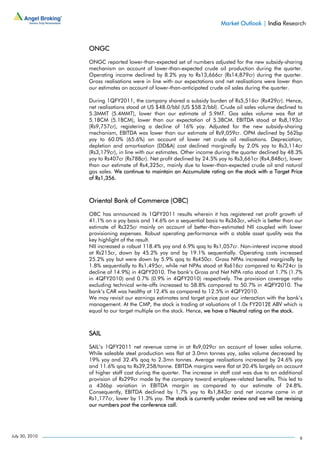 Market Outlook | India Research



                ONGC

                ONGC reported lower-than-expected set of numbers adjusted for the new subsidy-sharing
                mechanism on account of lower-than-expected crude oil production during the quarter.
                Operating income declined by 8.2% yoy to Rs13,666cr (Rs14,879cr) during the quarter.
                Gross realisations were in line with our expectations and net realisations were lower than
                our estimates on account of lower-than-anticipated crude oil sales during the quarter.

                During 1QFY2011, the company shared a subsidy burden of Rs5,516cr (Rs429cr). Hence,
                net realisations stood at US $48.0/bbl (US $58.2/bbl). Crude oil sales volume declined to
                5.3MMT (5.4MMT), lower than our estimate of 5.9MT. Gas sales volume was flat at
                5.1BCM (5.1BCM), lower than our expectation of 5.3BCM. EBITDA stood at Rs8,193cr
                (Rs9,757cr), registering a decline of 16% yoy. Adjusted for the new subsidy-sharing
                mechanism, EBITDA was lower than our estimate of Rs9,059cr. OPM declined by 562bp
                yoy to 60.0% (65.6%) on account of lower net crude oil realisations. Depreciation,
                depletion and amortisation (DD&A) cost declined marginally by 2.0% yoy to Rs3,114cr
                (Rs3,179cr), in line with our estimates. Other income during the quarter declined by 48.3%
                yoy to Rs407cr (Rs788cr). Net profit declined by 24.5% yoy to Rs3,661cr (Rs4,848cr), lower
                than our estimate of Rs4,325cr, mainly due to lower-than-expected crude oil and natural
                gas sales. We continue to maintain an Accumulate rating on the stock with a Target Price
                of Rs1,356.



                Oriental Bank of Commerce (OBC)

                OBC has announced its 1QFY2011 results wherein it has registered net profit growth of
                41.1% on a yoy basis and 14.6% on a sequential basis to Rs363cr, which is better than our
                estimate of Rs325cr mainly on account of better-than-estimated NII coupled with lower
                provisioning expenses. Robust operating performance with a stable asset quality was the
                key highlight of the result.
                NII increased a robust 118.4% yoy and 6.9% qoq to Rs1,057cr. Non-interest income stood
                at Rs215cr, down by 45.2% yoy and by 19.1% sequentially. Operating costs increased
                25.2% yoy but were down by 5.9% qoq to Rs450cr. Gross NPAs increased marginally by
                1.8% sequentially to Rs1,495cr, while net NPAs stood at Rs616cr compared to Rs724cr (a
                decline of 14.9%) in 4QFY2010. The bank’s Gross and Net NPA ratio stood at 1.7% (1.7%
                in 4QFY2010) and 0.7% (0.9% in 4QFY2010) respectively. The provision coverage ratio
                excluding technical write-offs increased to 58.8% compared to 50.7% in 4QFY2010. The
                bank’s CAR was healthy at 12.4% as compared to 12.5% in 4QFY2010.
                We may revisit our earnings estimates and target price post our interaction with the bank’s
                management. At the CMP, the stock is trading at valuations of 1.0x FY2012E ABV which is
                equal to our target multiple on the stock. Hence, we have a Neutral rating on the stock.



                SAIL

                SAIL’s 1QFY2011 net revenue came in at Rs9,029cr on account of lower sales volume.
                While saleable steel production was flat at 3.0mn tonnes yoy, sales volume decreased by
                19% yoy and 32.4% qoq to 2.3mn tonnes. Average realisations increased by 24.6% yoy
                and 11.6% qoq to Rs39,258/tonne. EBITDA margins were flat at 20.4% largely on account
                of higher staff cost during the quarter. The increase in staff cost was due to an additional
                provision of Rs299cr made by the company toward employee-related benefits. This led to
                a 436bp variation in EBITDA margin as compared to our estimate of 24.8%.
                Consequently, EBITDA declined by 1.7% yoy to Rs1,843cr and net income came in at
                Rs1,177cr, lower by 11.3% yoy. The stock is currently under review and we will be revising
                our numbers post the conference call.




July 30, 2010                                                                                             6
 