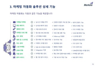 13
마케팅 자동화는 다음과 같은 기능을 제공합니다
 실시간 이메일 추적이메일 마케팅
랜딩 페이지
캠페인 관리
마케팅 프로그램
리드 생성
예측 및 스코어링
리드 관리
소셜 마케팅
CRM 연동
자원 관리
분석 서비스
 간편한 컨텐츠 작성 및 전송  동적 컨텐츠 기능
 원스텝 프로그램 생성  프로그램 교환 기능  프로그램 복제 기능
 고객 행동 트래킹  Follow-up 자동화  스코어링 평가
 이벤트 사이클 관리  개인화된 관리  리드 분석 기능
 SNS 모니터링과 트래킹  캠페인 자동화  리드 참여 유도
 마케팅 예산 관리  예산 대비 집행 비율 트래킹  마케팅 업무 관리
 웹 기반 분석 서비스  기본 보고서 작성 기능  ROI 분석 서비스
 점수제로 리드 발굴, 육성  인사이트 가능  영업연계 효율 증진
 손쉬운 페이지 생성  컨텐츠 수정 용이  랜딩 트래킹 기능
 Integration 지원  DB 연동 지원
 자동 생성 및 관리  연속적 자동 진행  리드 트래킹 기능
 CRM연계 영업 사이클 관리
3. 마케팅 자동화 솔루션 상세 기능
 