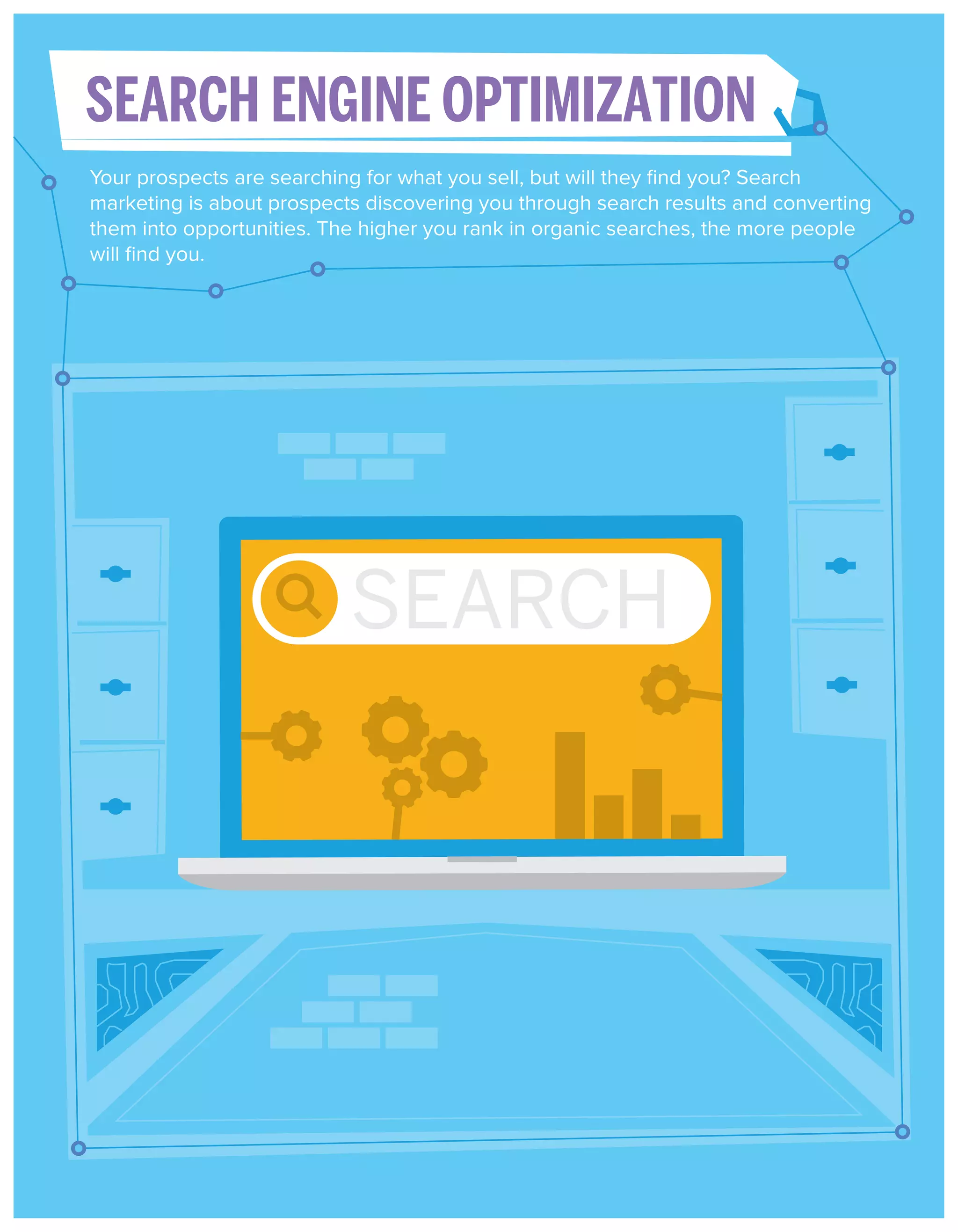 SEARCH ENGINE OPTIMIZATION
Your prospects are searching for what you sell, but will they ﬁnd you? Search
marketing is about prospects discovering you through search results and converting
them into opportunities. The higher you rank in organic searches, the more people
will ﬁnd you.

 