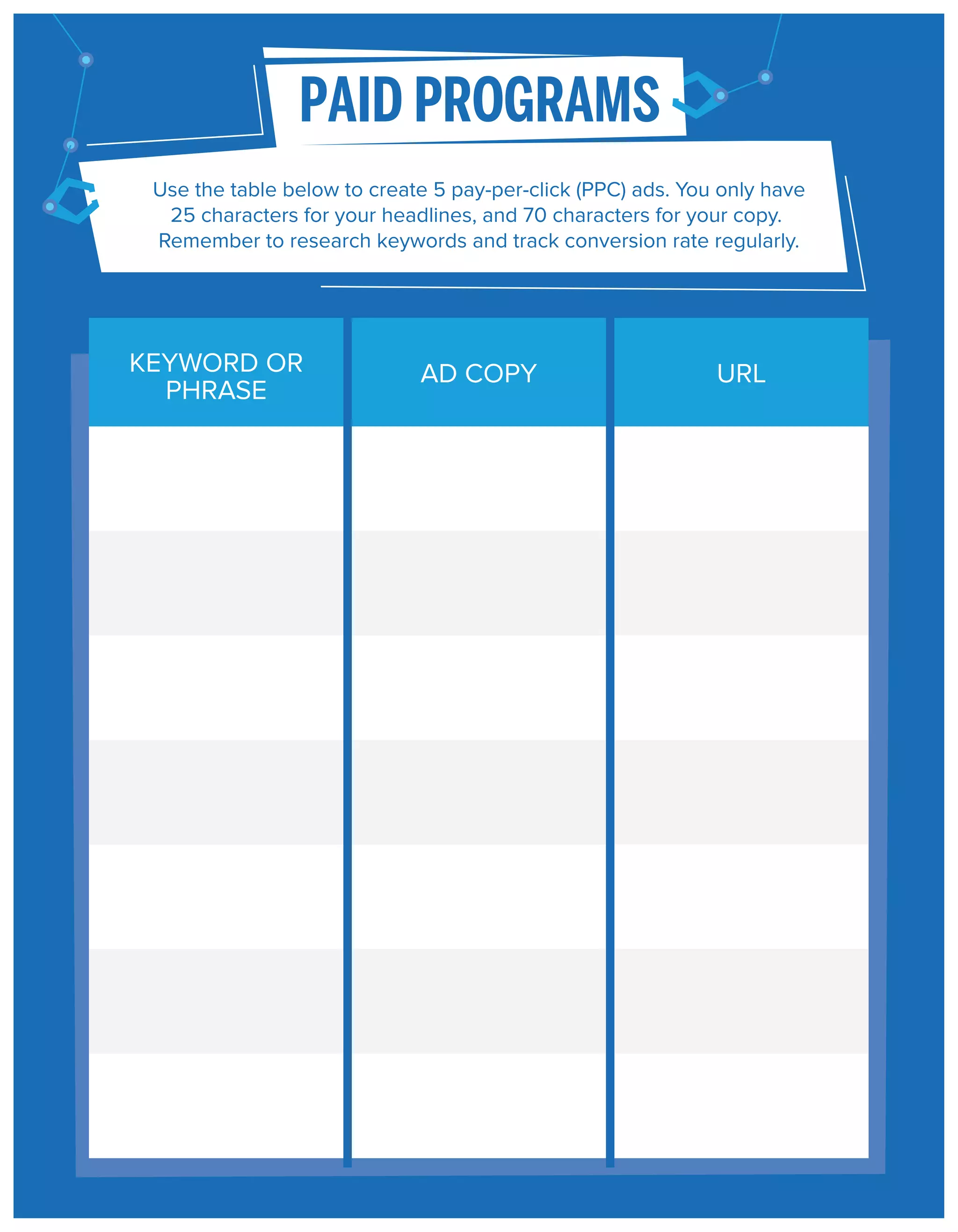 PAID PROGRAMS
Use the table below to create 5 pay-per-click (PPC) ads. You only have
25 characters for your headlines, and 70 characters for your copy.
Remember to research keywords and track conversion rate regularly.

KEYWORD OR
PHRASE

AD COPY

URL

 