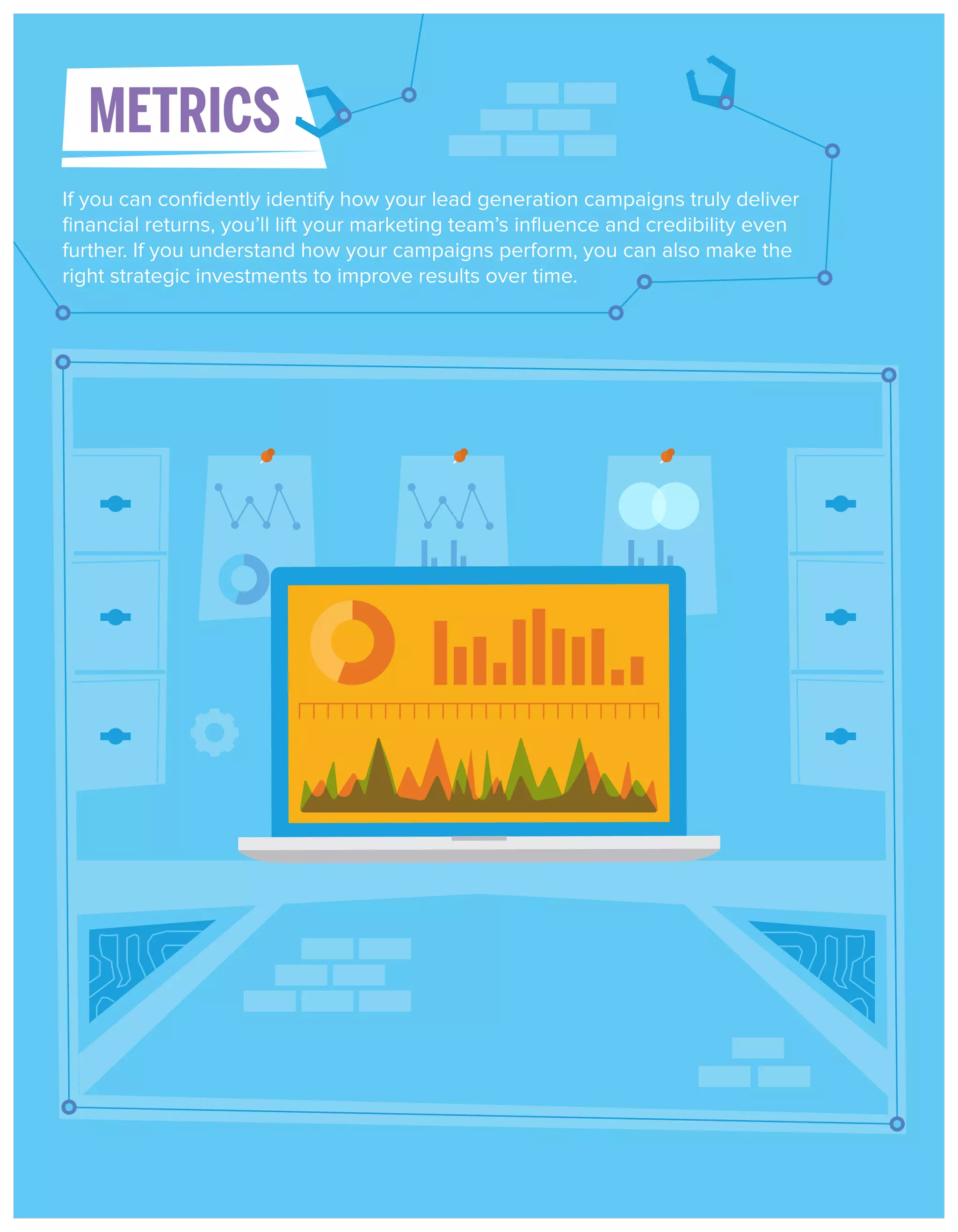 METRICS
If you can conﬁdently identify how your lead generation campaigns truly deliver
ﬁnancial returns, you’ll lift your marketing team’s inﬂuence and credibility even
further. If you understand how your campaigns perform, you can also make the
right strategic investments to improve results over time.

 