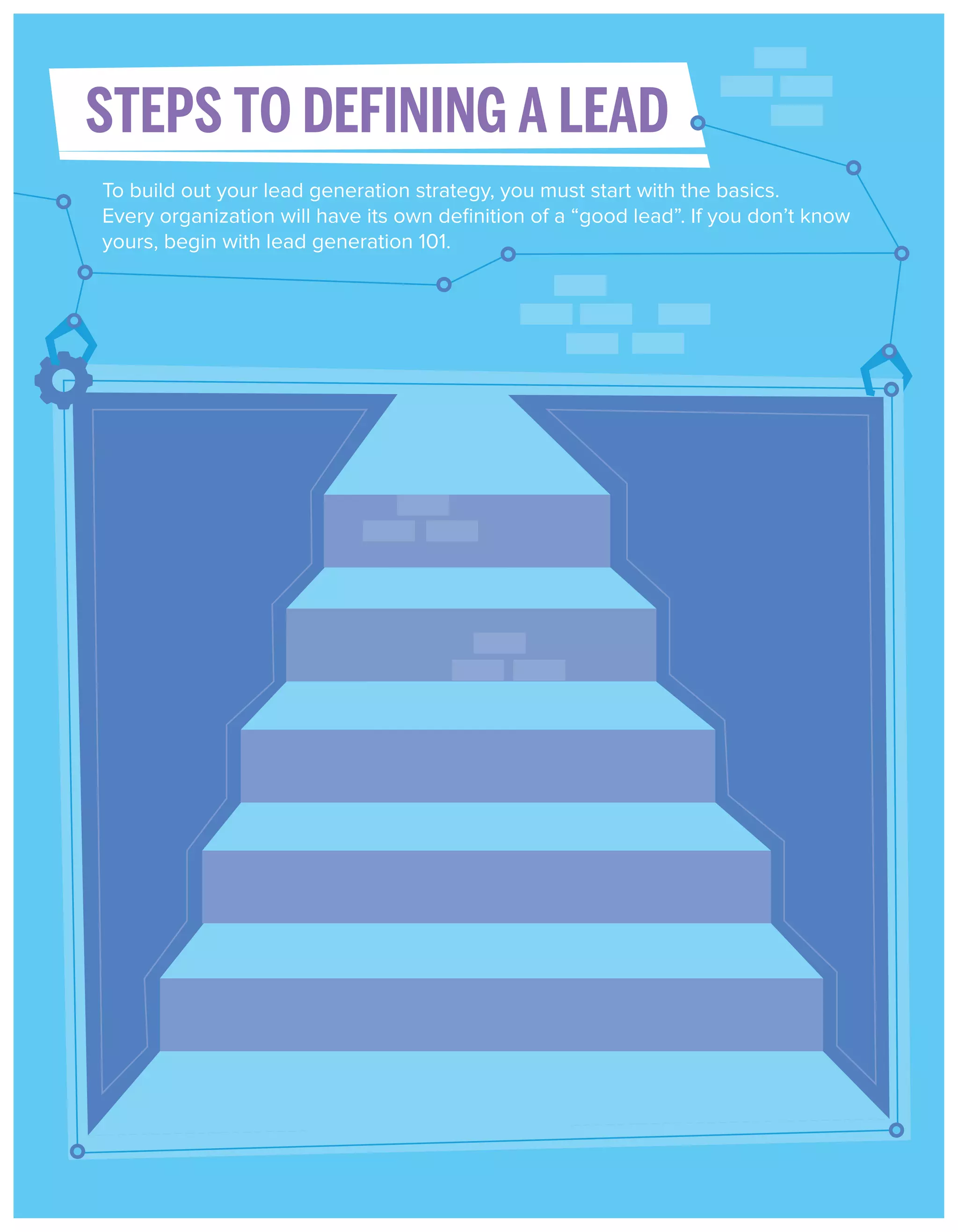 STEPS TO DEFINING A LEAD
To build out your lead generation strategy, you must start with the basics.
Every organization will have its own deﬁnition of a “good lead”. If you don’t know
yours, begin with lead generation 101.

 