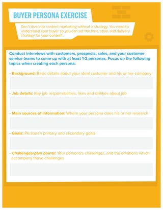 BUYER PERSONA EXERCISE
Don't dive into content marketing without a strategy. You need to
understand your buyer so you can set the tone, style, and delivery
strategy for your content.

Conduct interviews with customers, prospects, sales, and your customer
service teams to come up with at least 1-2 personas. Focus on the following
topics when creating each persona:
• Background: Basic details about your ideal customer and his or her company

• Job details: Key job responsibilities, likes and dislikes about job

• Main sources of information: Where your persona does his or her research

• Goals: Persona’s primary and secondary goals

• Challenges/pain points: Your persona’s challenges, and the emotions which
accompany those challenges

 