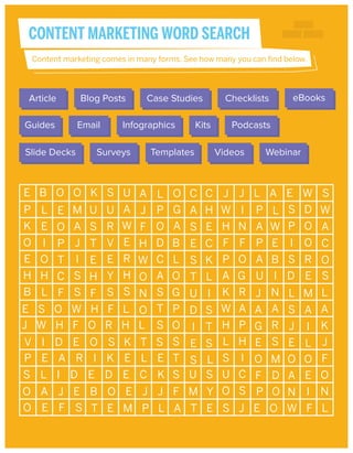 CONTENT MARKETING WORD SEARCH
Content marketing comes in many forms. See how many you can find below.

Article
Guides
Slide Decks

Blog Posts
Email

Case Studies

Infographics

Surveys

Templates

Kits

Checklists

eBooks

Podcasts
Videos

Webinar

 