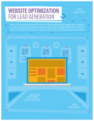 WEBSITE OPTIMIZATION
FOR LEAD GENERATION
When it comes to converting leads and making lasting impressions, your website
is where the magic happens. Analytics and testing company KISSmetrics stated it
best on its blog: “Your leads are only as good as the website that produces them.”

 