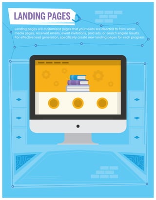 LANDING PAGES
Landing pages are customized pages that your leads are directed to from social
media pages, received emails, event invitations, paid ads, or search engine results.
For effective lead generation, speciﬁcally create new landing pages for each program.

 