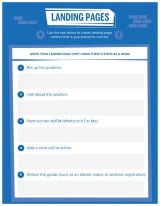 LANDING PAGES
Use the tips below to create landing page
content that is guaranteed to convert.

WRITE YOUR LANDING PAGE COPY USING THESE 5 STEPS AS A GUIDE

1

Set up the problem.

2

Talk about the solution.

3

Point out the WIIFM (What’s In It For Me).

4

Add a clear call-to-action.

5

Deliver the goods (such as an ebook, video, or webinar registration).

 