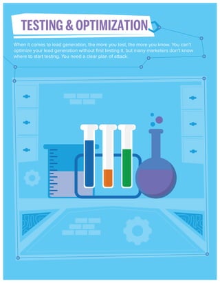 TESTING & OPTIMIZATION
When it comes to lead generation, the more you test, the more you know. You can’t
optimize your lead generation without ﬁrst testing it, but many marketers don’t know
where to start testing. You need a clear plan of attack.

 