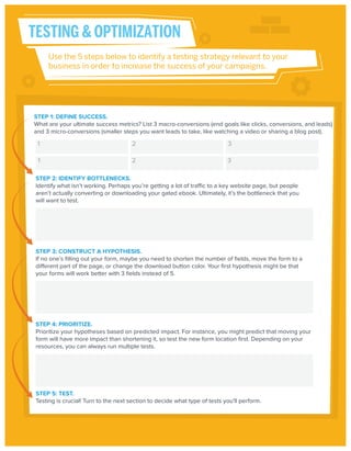 TESTING & OPTIMIZATION
Use the 5 steps below to identify a testing strategy relevant to your
business in order to increase the success of your campaigns.

STEP 1: DEFINE SUCCESS.
What are your ultimate success metrics? List 3 macro-conversions (end goals like clicks, conversions, and leads)
and 3 micro-conversions (smaller steps you want leads to take, like watching a video or sharing a blog post).

1

2

3

1

2

3

STEP 2: IDENTIFY BOTTLENECKS.
Identify what isn’t working. Perhaps you’re getting a lot of traffic to a key website page, but people
aren’t actually converting or downloading your gated ebook. Ultimately, it’s the bottleneck that you
will want to test.

STEP 3: CONSTRUCT A HYPOTHESIS.
If no one’s ﬁlling out your form, maybe you need to shorten the number of ﬁelds, move the form to a
different part of the page, or change the download button color. Your ﬁrst hypothesis might be that
your forms will work better with 3 ﬁelds instead of 5.

STEP 4: PRIORITIZE.
Prioritize your hypotheses based on predicted impact. For instance, you might predict that moving your
form will have more impact than shortening it, so test the new form location ﬁrst. Depending on your
resources, you can always run multiple tests.

STEP 5: TEST.
Testing is crucial! Turn to the next section to decide what type of tests you'll perform.

 