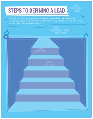 STEPS TO DEFINING A LEAD
To build out your lead generation strategy, you must start with the basics.
Every organization will have its own deﬁnition of a “good lead”. If you don’t know
yours, begin with lead generation 101.

 