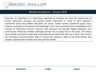 Market Perspective – January 2019
Experience Insight Impact
Overview: As subscribers to a data-driven approach to investing, we relish the opportunity to
review economics, earnings, and general market information in order to form long-term
investment views and portfolio allocations for clients. Global markets sometimes ignore data,
however, and express the behavior of living beings. This is due to powerful forces embedded in the
concept of “behavioral finance.” Humans, with emotions and sporadic illogical behaviors, are
continuously influencing markets (although perhaps less so today than in the past). This allows
many market anomalies to take hold and perpetuate the belief that they are in force. This month,
we reintroduce several previous slides to review this concept in light of the sharp decline and
recovery experienced in markets over the past few months.
1
 