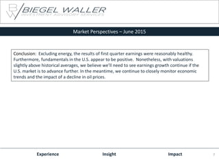 Conclusion: Excluding energy, the results of first quarter earnings were reasonably healthy.
Furthermore, fundamentals in the U.S. appear to be positive. Nonetheless, with valuations
slightly above historical averages, we believe we’ll need to see earnings growth continue if the
U.S. market is to advance further. In the meantime, we continue to closely monitor economic
trends and the impact of a decline in oil prices.
Experience Insight Impact
Market Perspectives – June 2015
7
 