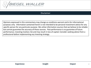Opinions expressed in this commentary may change as conditions warrant and is for informational
purposes only. Information contained herein is not intended to be personal investment advice for any
specific person for any particular purpose. We utilize information sources that we believe to be reliable
but cannot guarantee the accuracy of those sources. Past performance is no guarantee of future
performance; investing involves risk and may result in loss of capital. Consider seeking advice from a
professional before implementing any investing strategy.
Experience Insight Impact
Disclaimer
8
 
