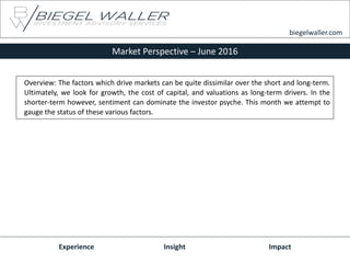 Market Perspective – June 2016
Experience Insight Impact
biegelwaller.com
Overview: The factors which drive markets can be quite dissimilar over the short and long-term.
Ultimately, we look for growth, the cost of capital, and valuations as long-term drivers. In the
shorter-term however, sentiment can dominate the investor psyche. This month we attempt to
gauge the status of these various factors.
 