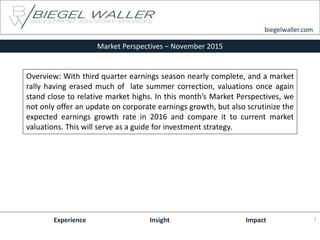 Market Perspectives – November 2015
Experience Insight Impact
biegelwaller.com
Overview: With third quarter earnings season nearly complete, and a market
rally having erased much of late summer correction, valuations once again
stand close to relative market highs. In this month’s Market Perspectives, we
not only offer an update on corporate earnings growth, but also scrutinize the
expected earnings growth rate in 2016 and compare it to current market
valuations. This will serve as a guide for investment strategy.
1
 