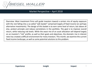Market Perspective – April 2018
Experience Insight Impact
Overview: Most investment firms will guide investors toward a certain mix of equity exposure
with the rest falling into a so-called “safe basket” comprised largely of fixed income (or perhaps
alternative investments). The design of this basket is to earn some level of return, but above all
else, protect principle and reduce correlations in the portfolio. The goal is to improve overall
return, while reducing risk levels. While the exact mix of an asset allocation will depend largely
on an investor’s “risk” profile, as well as their goals and objectives, the dramatic rise in interest
rates has created a difficult environment for many investors. This month, we examine the current
fixed income landscape, as well as some potential solutions to this problem.
1
 