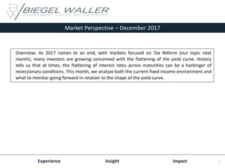 Market Perspective – December 2017
Experience Insight Impact
Overview: As 2017 comes to an end, with markets focused on Tax Reform (our topic next
month), many investors are growing concerned with the flattening of the yield curve. History
tells us that at times, the flattening of interest rates across maturities can be a harbinger of
recessionary conditions. This month, we analyze both the current fixed income environment and
what to monitor going forward in relation to the shape of the yield curve.
1
 