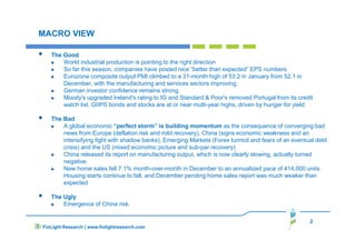 MACRO VIEW
The Good
World industrial production is pointing to the right direction
So far this season, companies have posted nice “better than expected” EPS numbers.
Eurozone composite output PMI climbed to a 31-month high of 53.2 in January from 52.1 in
December, with the manufacturing and services sectors improving.
German investor confidence remains strong.
Moody's upgraded Ireland's rating to IG and Standard & Poor's removed Portugal from its credit
watch list. GIIPS bonds and stocks are at or near multi-year highs, driven by hunger for yield.
The Bad
A global economic “perfect storm” is building momentum as the consequence of converging bad
news from Europe (deflation risk and mild recovery), China (signs economic weakness and an
intensifying fight with shadow banks), Emerging Markets (Forex turmoil and fears of an eventual debt
crisis) and the US (mixed economic picture and sub-par recovery)
China released its report on manufacturing output, which is now clearly slowing, actually turned
negative.
New home sales fell 7.1% month-over-month in December to an annualized pace of 414,000 units.
Housing starts continue to fall, and December pending home sales report was much weaker than
expected
The Ugly
Emergence of China risk.
2
FinLight Research | www.finlightresearch.com
 