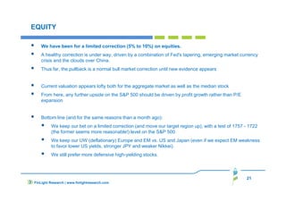 21
FinLight Research | www.finlightresearch.com
EQUITY
We have been for a limited correction (5% to 10%) on equities.
A healthy correction is under way, driven by a combination of Fed's tapering, emerging market currency
crisis and the clouds over China.
Thus far, the pullback is a normal bull market correction until new evidence appears
Current valuation appears lofty both for the aggregate market as well as the median stock
From here, any further upside on the S&P 500 should be driven by profit growth rather than P/E
expansion
Bottom line (and for the same reasons than a month ago):
We keep our bet on a limited correction (and move our target region up), with a test of 1757 - 1722
(the former seems more reasonable!) level on the S&P 500
We keep our UW (deflationary) Europe and EM vs. US and Japan (even if we expect EM weakness
to favor lower US yields, stronger JPY and weaker Nikkei).
We still prefer more defensive high-yielding stocks.
 