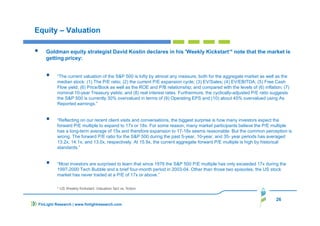 26
FinLight Research | www.finlightresearch.com
Equity – Valuation
Goldman equity strategist David Kostin declares in his 'Weekly Kickstart‘* note that the market is
getting pricey:
“The current valuation of the S&P 500 is lofty by almost any measure, both for the aggregate market as well as the
median stock: (1) The P/E ratio; (2) the current P/E expansion cycle; (3) EV/Sales; (4) EV/EBITDA; (5) Free Cash
Flow yield; (6) Price/Book as well as the ROE and P/B relationship; and compared with the levels of (6) inflation; (7)
nominal 10-year Treasury yields; and (8) real interest rates. Furthermore, the cyclically-adjusted P/E ratio suggests
the S&P 500 is currently 30% overvalued in terms of (9) Operating EPS and (10) about 45% overvalued using As
Reported earnings.”
“Reflecting on our recent client visits and conversations, the biggest surprise is how many investors expect the
forward P/E multiple to expand to 17x or 18x. For some reason, many market participants believe the P/E multiple
has a long-term average of 15x and therefore expansion to 17-18x seems reasonable. But the common perception is
wrong. The forward P/E ratio for the S&P 500 during the past 5-year, 10-year, and 35- year periods has averaged
13.2x, 14.1x, and 13.0x, respectively. At 15.9x, the current aggregate forward P/E multiple is high by historical
standards.”
“Most investors are surprised to learn that since 1976 the S&P 500 P/E multiple has only exceeded 17x during the
1997-2000 Tech Bubble and a brief four-month period in 2003-04. Other than those two episodes, the US stock
market has never traded at a P/E of 17x or above.”
* US Weekly Kickstart: Valuation fact vs. fiction
 