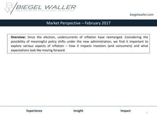 Market Perspective – February 2017
Experience Insight Impact
biegelwaller.com
Overview: Since the election, undercurrents of inflation have reemerged. Considering the
possibility of meaningful policy shifts under the new administration, we find it important to
explore various aspects of inflation – how it impacts investors (and consumers) and what
expectations look like moving forward.
1
 