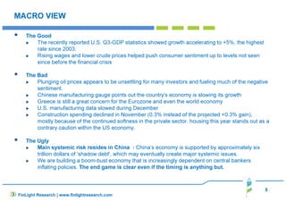 MACRO VIEW
The Good
The recently reported U.S. Q3-GDP statistics showed growth accelerating to +5%, the highest
rate since 2003.
Rising wages and lower crude prices helped push consumer sentiment up to levels not seen
since before the financial crisis
The Bad
Plunging oil prices appears to be unsettling for many investors and fueling much of the negative
sentiment.
Chinese manufacturing gauge points out the country's economy is slowing its growth
Greece is still a great concern for the Eurozone and even the world economy
U.S. manufacturing data slowed during December
Construction spending declined in November (0.3% instead of the projected +0.3% gain),
mostly because of the continued softness in the private sector. housing this year stands out as a
contrary caution within the US economy.
The Ugly
Main systemic risk resides in China : China’s economy is supported by approximately six
trillion dollars of 'shadow debt', which may eventually create major systemic issues.
We are building a boom-bust economy that is increasingly dependent on central bankers
inflating policies. The end game is clear even if the timing is anything but.
5
FinLight Research | www.finlightresearch.com
 
