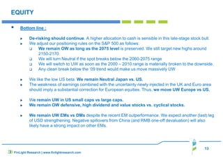 13
FinLight Research | www.finlightresearch.com
EQUITY
Bottom line :
De-risking should continue. A higher allocation to cash is sensible in this late-stage stock bull.
We adjust our positioning rules on the S&P 500 as follows:
We remain OW as long as the 2075 level is preserved. We still target new highs around
2150-2170
We will turn Neutral if the spot breaks below the 2060-2075 range
We will switch to UW as soon as the 2000 – 2010 range is materially broken to the downside.
Any clean break below the ‘09 trend would make us move massively UW
We like the low US beta. We remain Neutral Japan vs. US.
The weakness of earnings combined with the uncertainty newly injected in the UK and Euro area
should imply a substantial correction for European equities. Thus, we move UW Europe vs US.
We remain UW in US small caps vs large caps.
We remain OW defensive, high dividend and value stocks vs. cyclical stocks.
We remain UW EMs vs DMs despite the recent EM outperformance. We expect another (last) leg
of USD strengthening. Negative spillovers from China (and RMB one-off devaluation) will also
likely have a strong impact on other EMs.
 