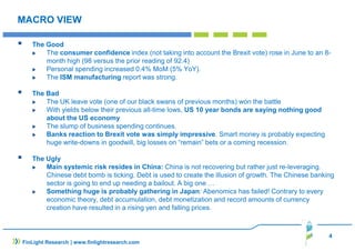 MACRO VIEW
The Good
The consumer confidence index (not taking into account the Brexit vote) rose in June to an 8-
month high (98 versus the prior reading of 92.4)
Personal spending increased 0.4% MoM (5% YoY).
The ISM manufacturing report was strong.
The Bad
The UK leave vote (one of our black swans of previous months) won the battle
With yields below their previous all-time lows, US 10 year bonds are saying nothing good
about the US economy
The slump of business spending continues.
Banks reaction to Brexit vote was simply impressive. Smart money is probably expecting
huge write-downs in goodwill, big losses on “remain” bets or a coming recession.
The Ugly
Main systemic risk resides in China: China is not recovering but rather just re-leveraging.
Chinese debt bomb is ticking. Debt is used to create the illusion of growth. The Chinese banking
sector is going to end up needing a bailout. A big one …
Something huge is probably gathering in Japan: Abenomics has failed! Contrary to every
economic theory, debt accumulation, debt monetization and record amounts of currency
creation have resulted in a rising yen and falling prices.
4
FinLight Research | www.finlightresearch.com
 
