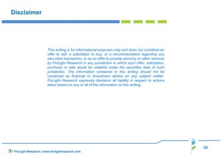52
Disclaimer
FinLight Research | www.finlightresearch.com
This writing is for informational purposes only and does not constitute an
offer to sell, a solicitation to buy, or a recommendation regarding any
securities transaction, or as an offer to provide advisory or other services
by FinLight Research in any jurisdiction in which such offer, solicitation,
purchase or sale would be unlawful under the securities laws of such
jurisdiction. The information contained in this writing should not be
construed as financial or investment advice on any subject matter.
FinLight Research expressly disclaims all liability in respect to actions
taken based on any or all of the information on this writing.
 