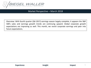 Market Perspective – March 2018
Experience Insight Impact
Overview: With fourth quarter (Q4 2017) earnings season largely complete, it appears the S&P
500’s sales and earnings growth trends are continuing upward. Global corporate growth
expectations are improving as well. This month, we revisit corporate earnings and peer into
future expectations.
1
 