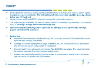 20
FinLight Research | www.finlightresearch.com
EQUITY
On the S&P500, we witness a certain exhaustion of the trend at its highs. But we need clearer signals
to expect a deeper consolidation. The first real sign of momentum loss would be given by a break
below Nov 2012 uptrend.
On the Nasdaq and Russell2000, odds are increasing for a downside resolution
The large divergence between the S&P500 on one hand and small caps / high beta stocks on the other
hand, is painting a strange defensive-oriented picture.
We continue to think that any further upside on the S&P 500 should be driven by earnings
growth rather than P/E expansion
Bottom line :
We remain Neutral equities. Breaking through the 1833 pivot on the S&P500 would likely be the
signal we wait for to go short stocks
We keep our UW on (deflationary) Europe and EM vs. US. We reverse our view on Japan from
OW (as we were proven badly wrong!) to Neutral/UW
We might switch more constructive on Europe if the ECB QE materializes. This would be bullish
for equities, especially financials, cyclicals and periphery.
We keep our bias to defensive high-yielding stocks. A severe unwind seems to be underway in
high-beta areas like Biotech and Social Media.
 